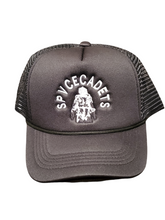 Load image into Gallery viewer, Black Embroided SPVCECADETS Astronaut Trucker Hats with Mesh Snap back style. 
