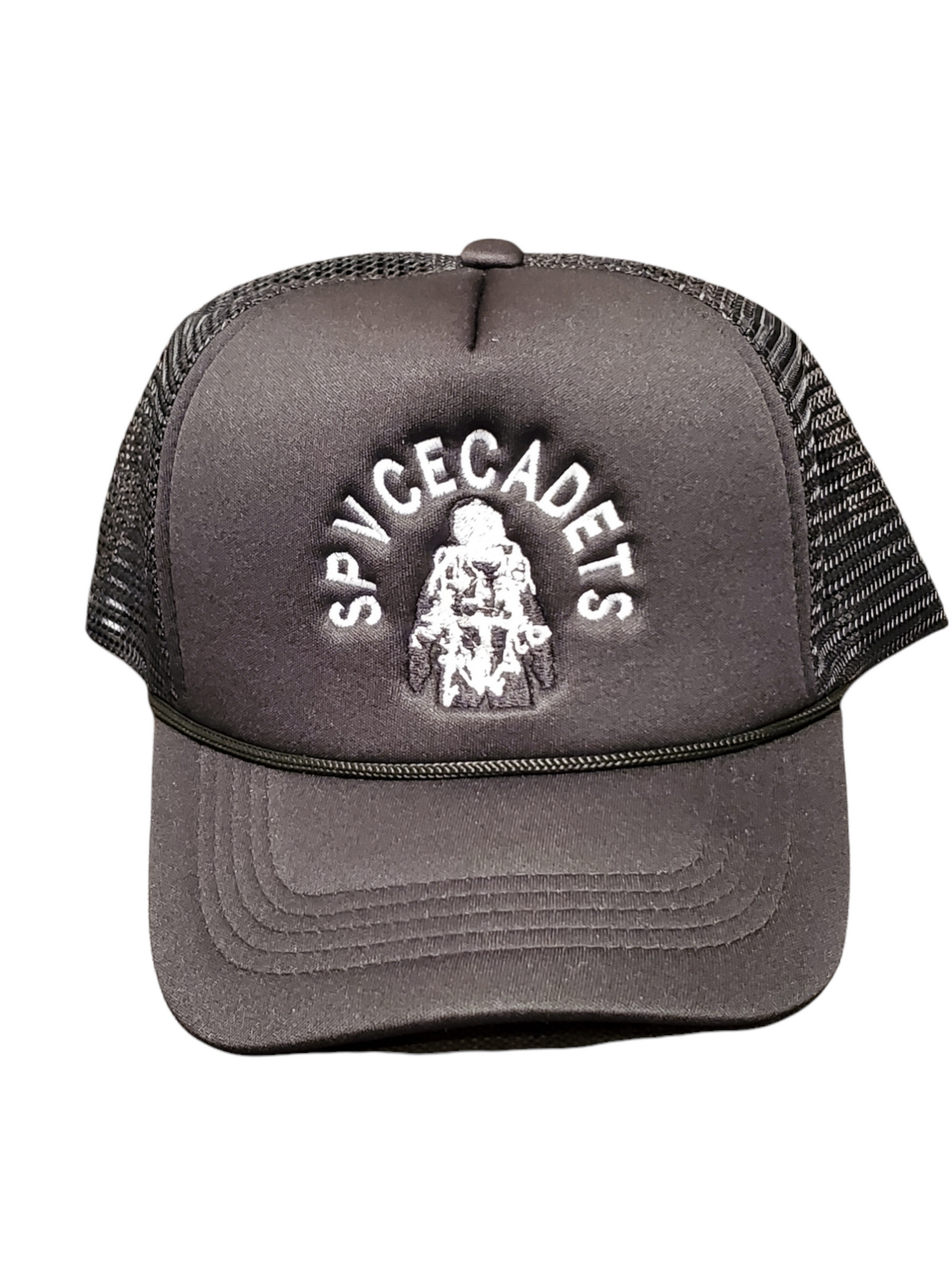 Black Embroided SPVCECADETS Astronaut Trucker Hats with Mesh Snap back style. 