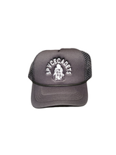 Load image into Gallery viewer, Black Embroided SPVCECADETS Astronaut Trucker Hats with Mesh Snap back style. 
